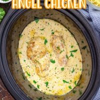 Looking down on a Crock Pot with creamy Angel Chicken.