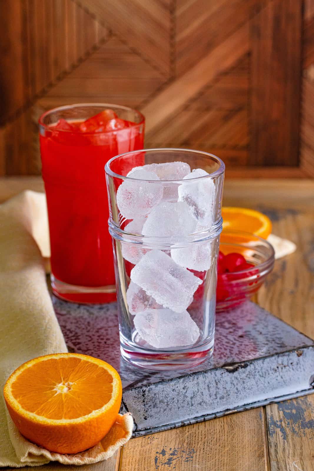 Glass filled with ice.