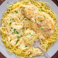 Looking down directly over a plate of Crock Pot Angel Chicken.