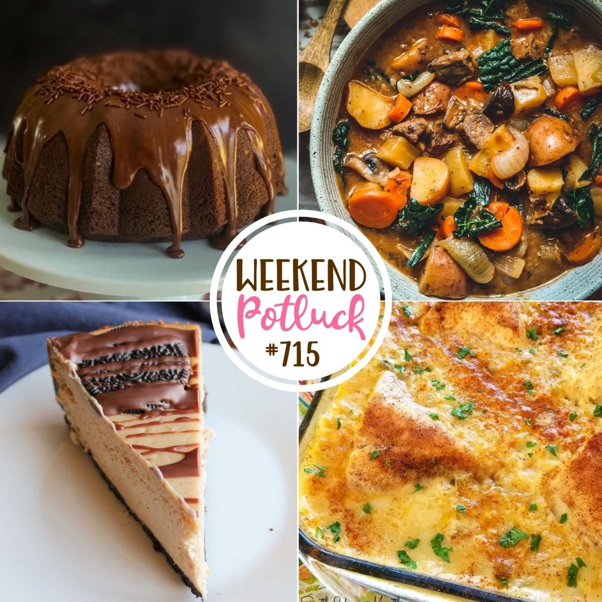 Weekend Potluck featured recipes include Brownie Bundt Cake, Stovetop Beef Stew, Peanut Butter Oreo Cheesecake and Creamy Chicken and Rice Casserole!